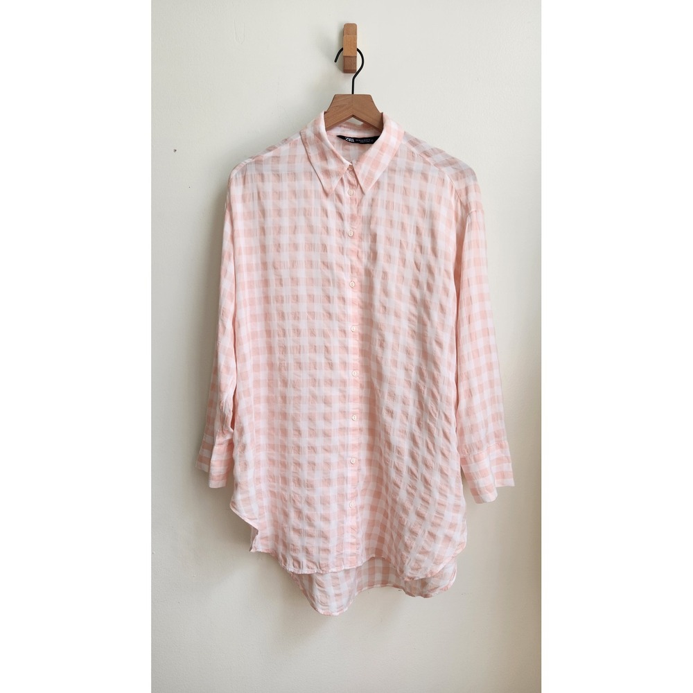 Zara Oversized Button Down Shirt Women XS Pink White Gingham High Low Gauzy Boho - Picture 3 of 11